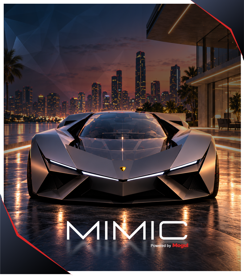 A futuristic car at night in a waterfront city, made with MIMIC